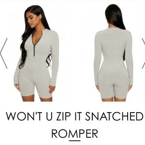 NAKED WARDROBE | Grey Snatched Ribbed Romper Half Zip Zipper Jumpsuit